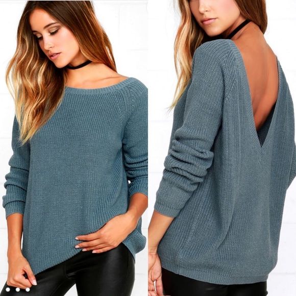 Lulus Sweaters - NWT Lulu’s Just For You Slate Blue Backless Slouchy Sweater size S